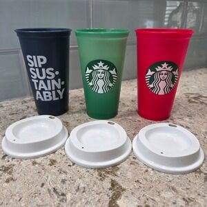 Starbucks Reusable‎ Cold Cups Tumblers Set of 3 - Red Green Blue with Lids